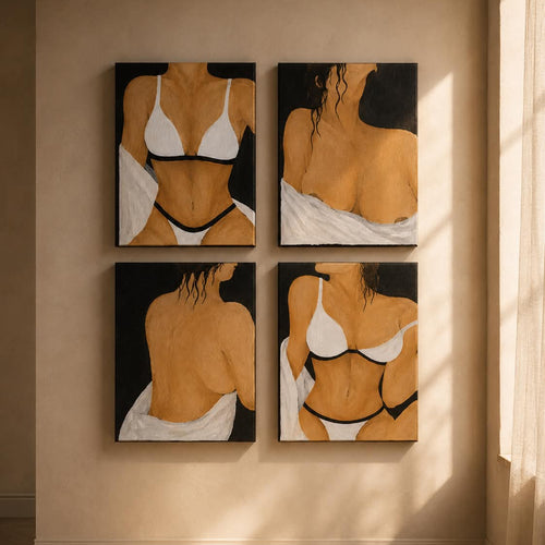 Four framed wall art prints depicting stylized female torso figures in white and black lingerie, arranged in a 2x2 grid on a beige wall with warm sunlight and window shadows.